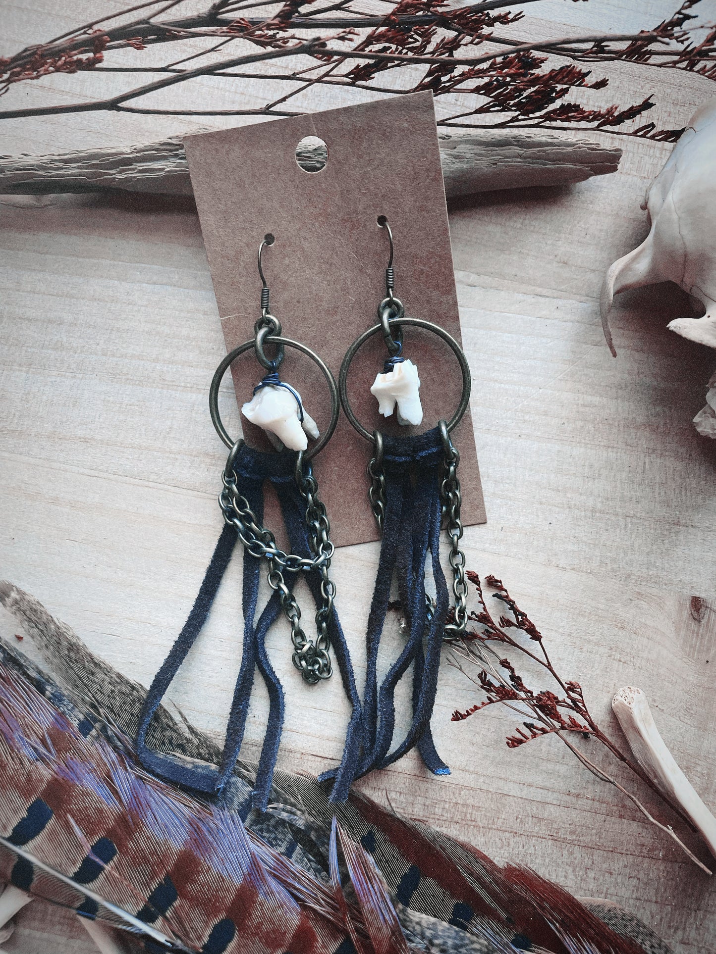 Tooth and Leather Earring Set